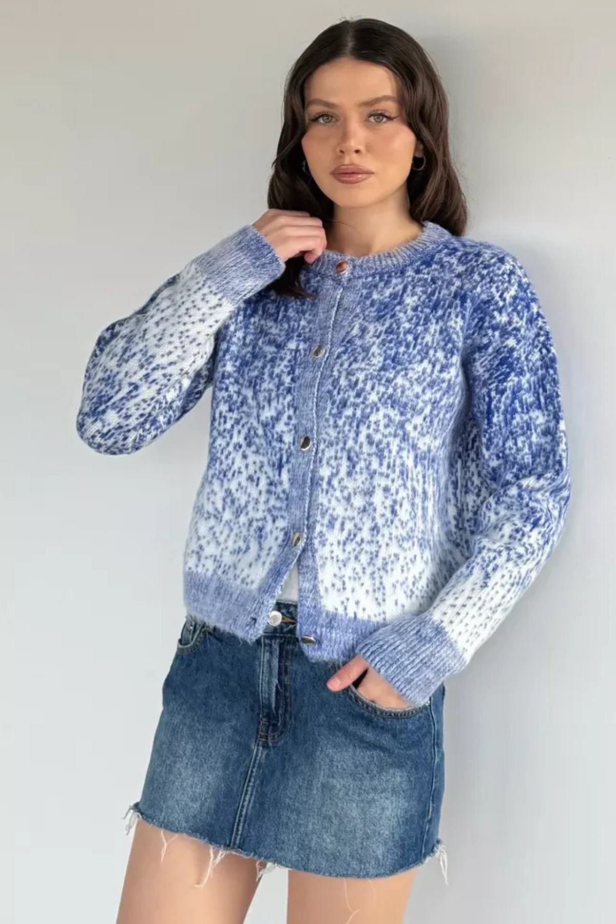 Dokulu Kendinden Desenli Kadın Hırka