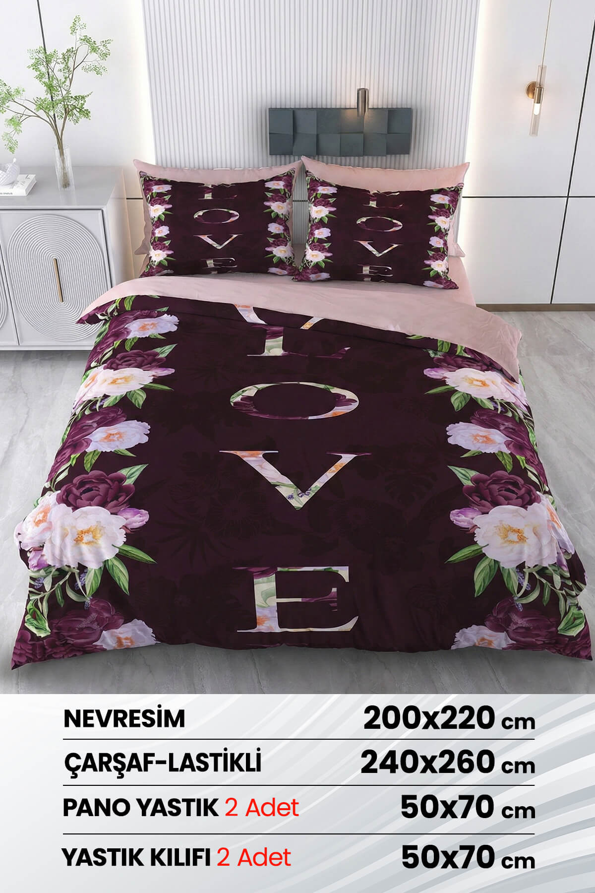 Beyzade %100 Saten Pamuk 6 Parça Çift Kişilik Nevresim Takımı