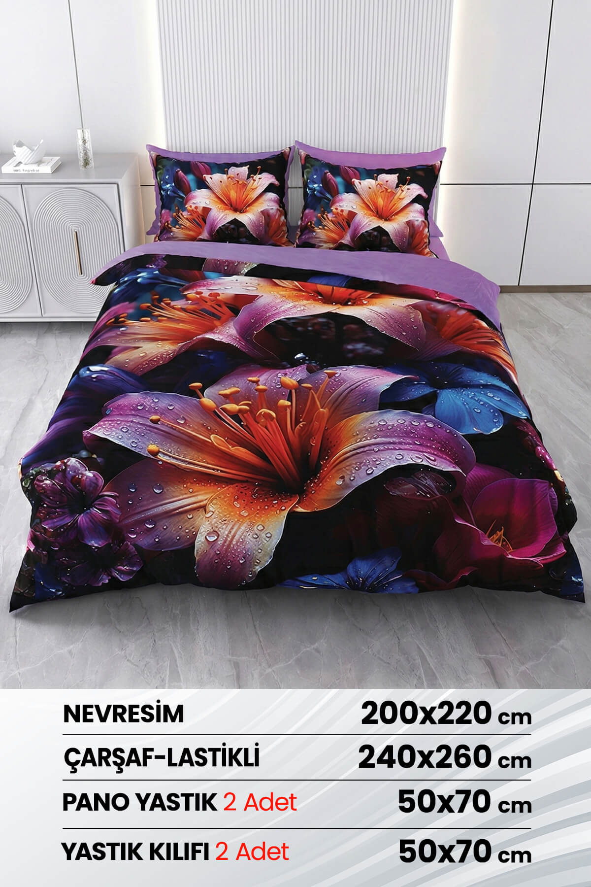 Beyzade %100 Saten Pamuk 6 Parça Çift Kişilik Nevresim Takımı