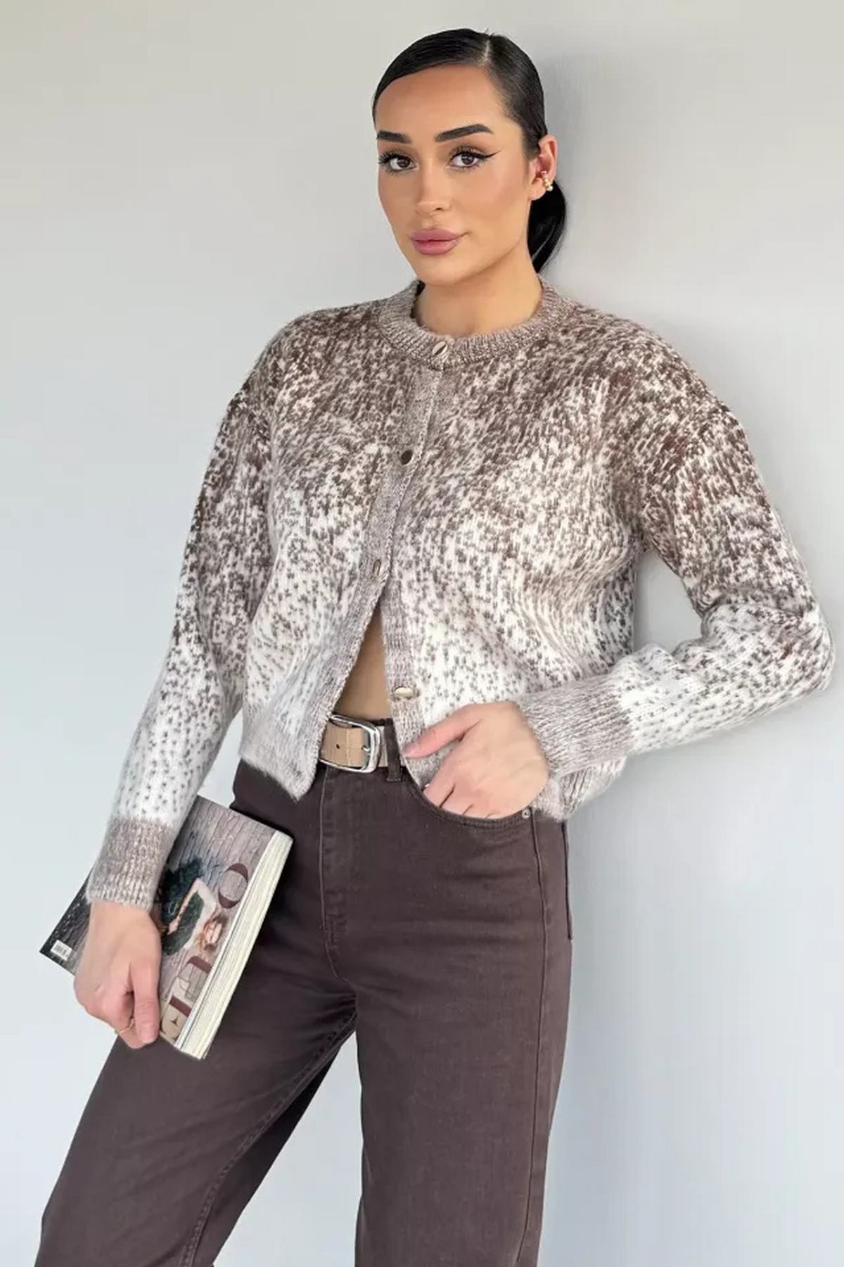 Dokulu Kendinden Desenli Kadın Hırka