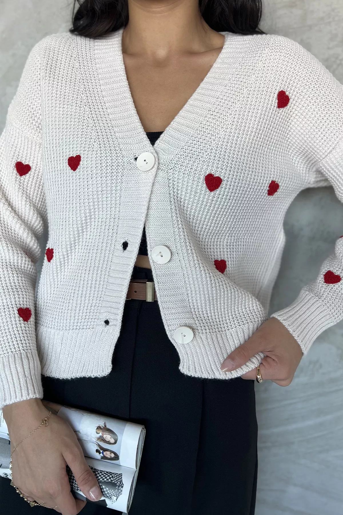 Kalp Desenli Kadın Hırka