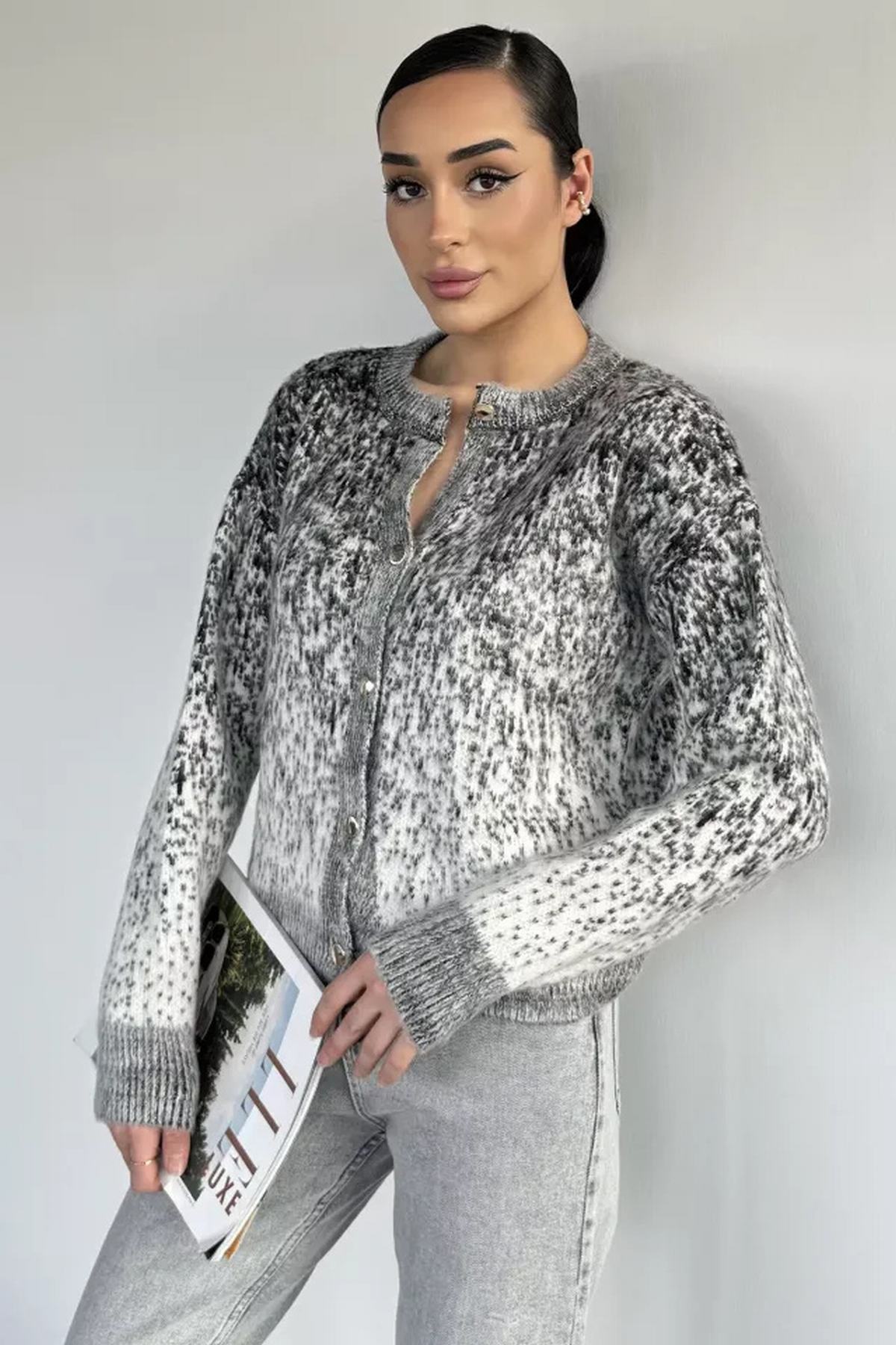 Dokulu Kendinden Desenli Kadın Hırka