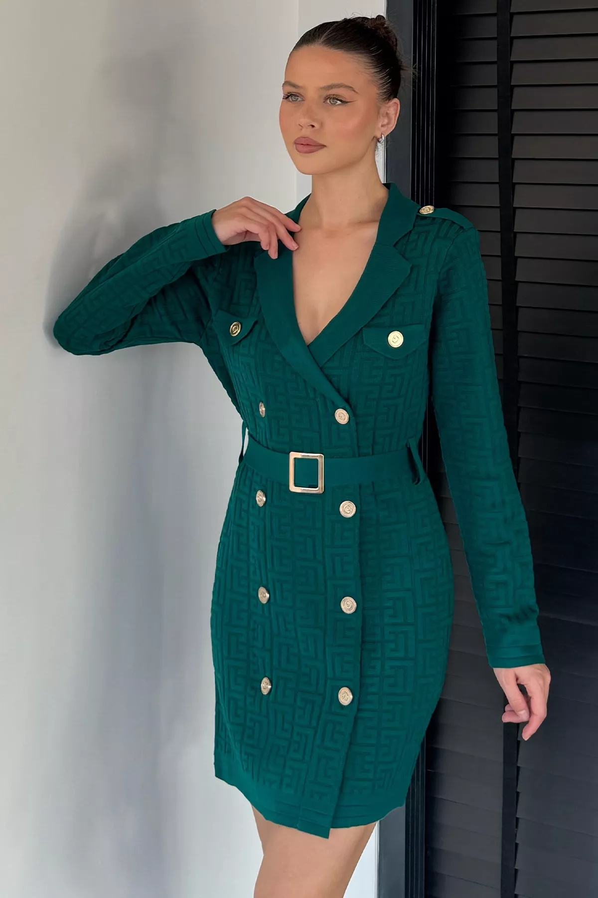 Zümrüt Kemerli Ceket Elbise