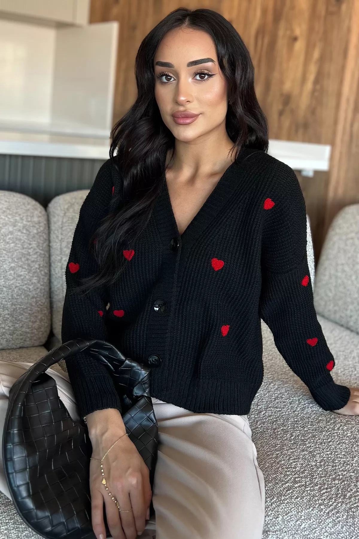 Kalp Desenli Kadın Hırka