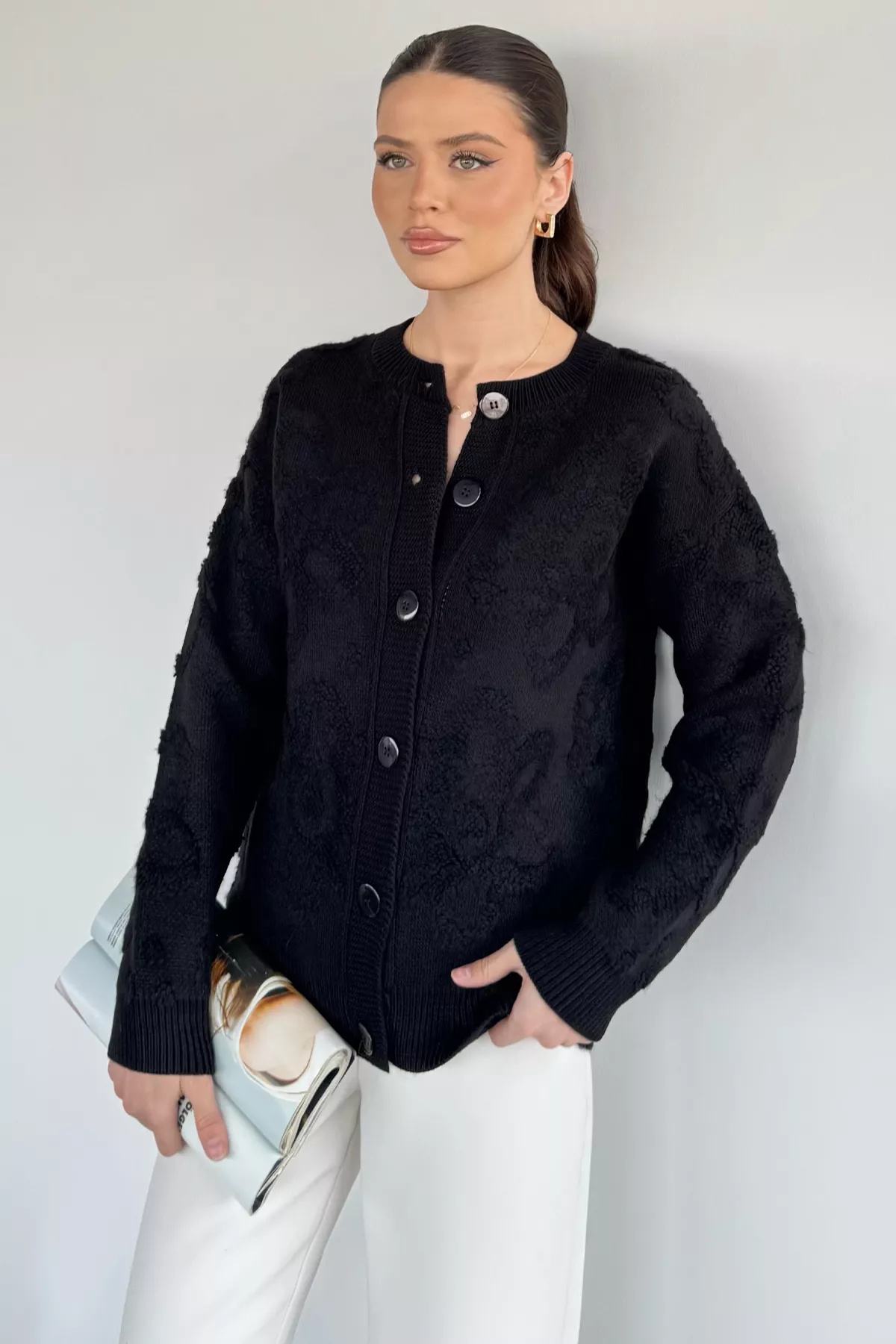 Kendinden Desenli Kadın Hırka