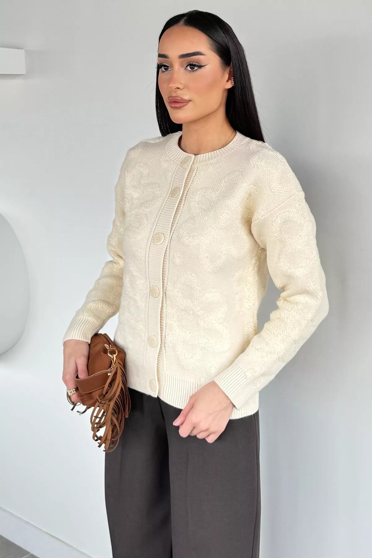 Kendinden Desenli Kadın Hırka