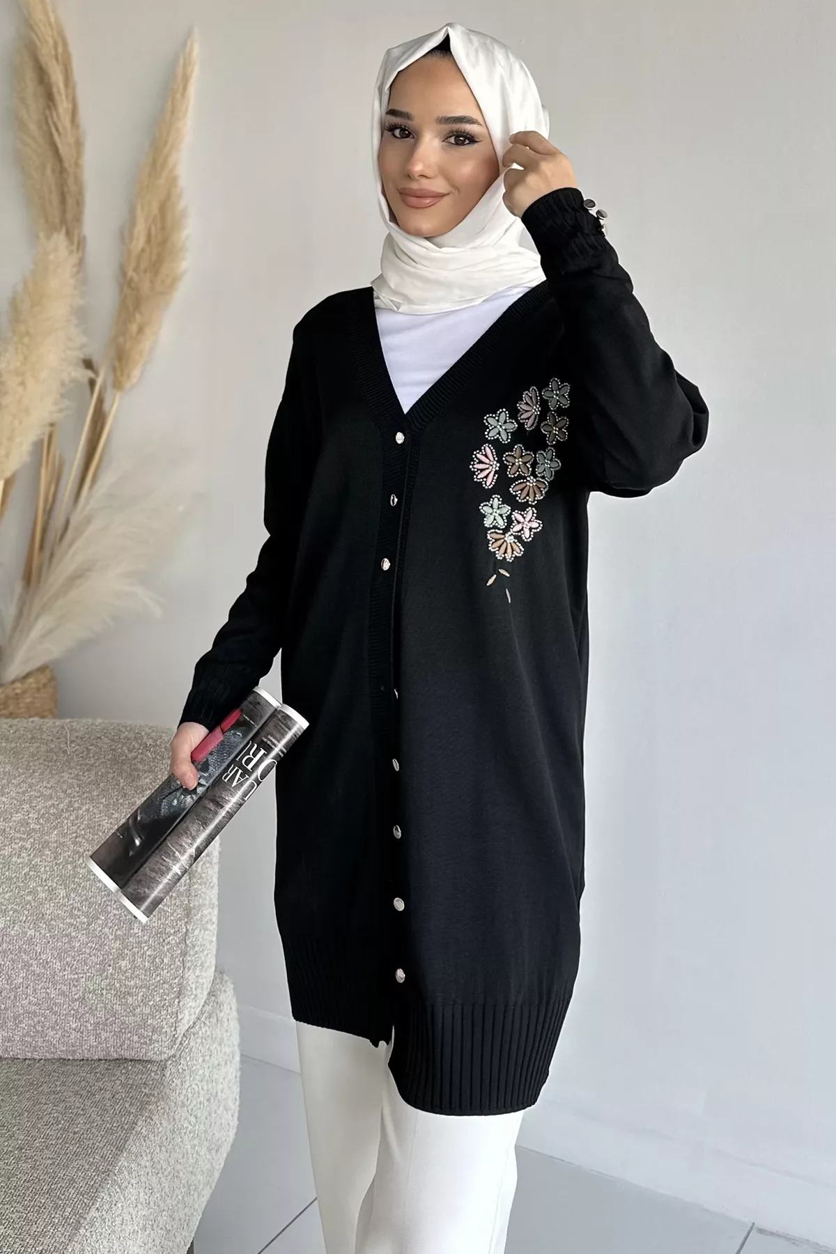 Çiçek Desenli Tesettür Hırka