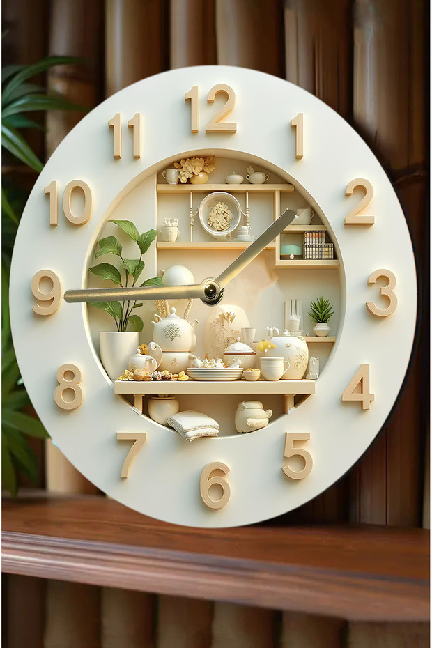 Mutfak Temalı Raf Detaylı MDF Duvar Saati – 33 cm