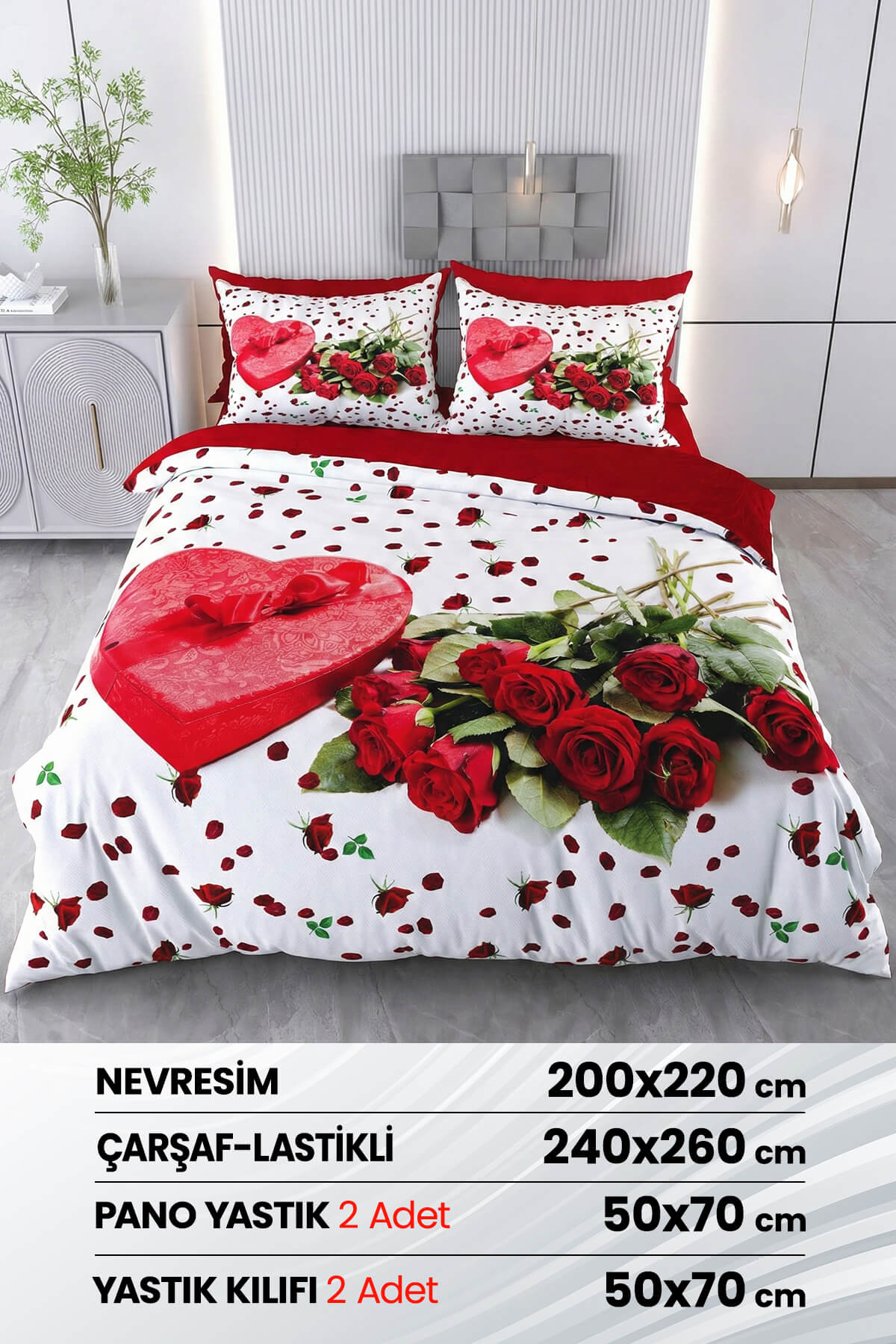 3 Boyutlu %100 Saten Pamuk 6 Parça Çift Kişilik Nevresim Takımı