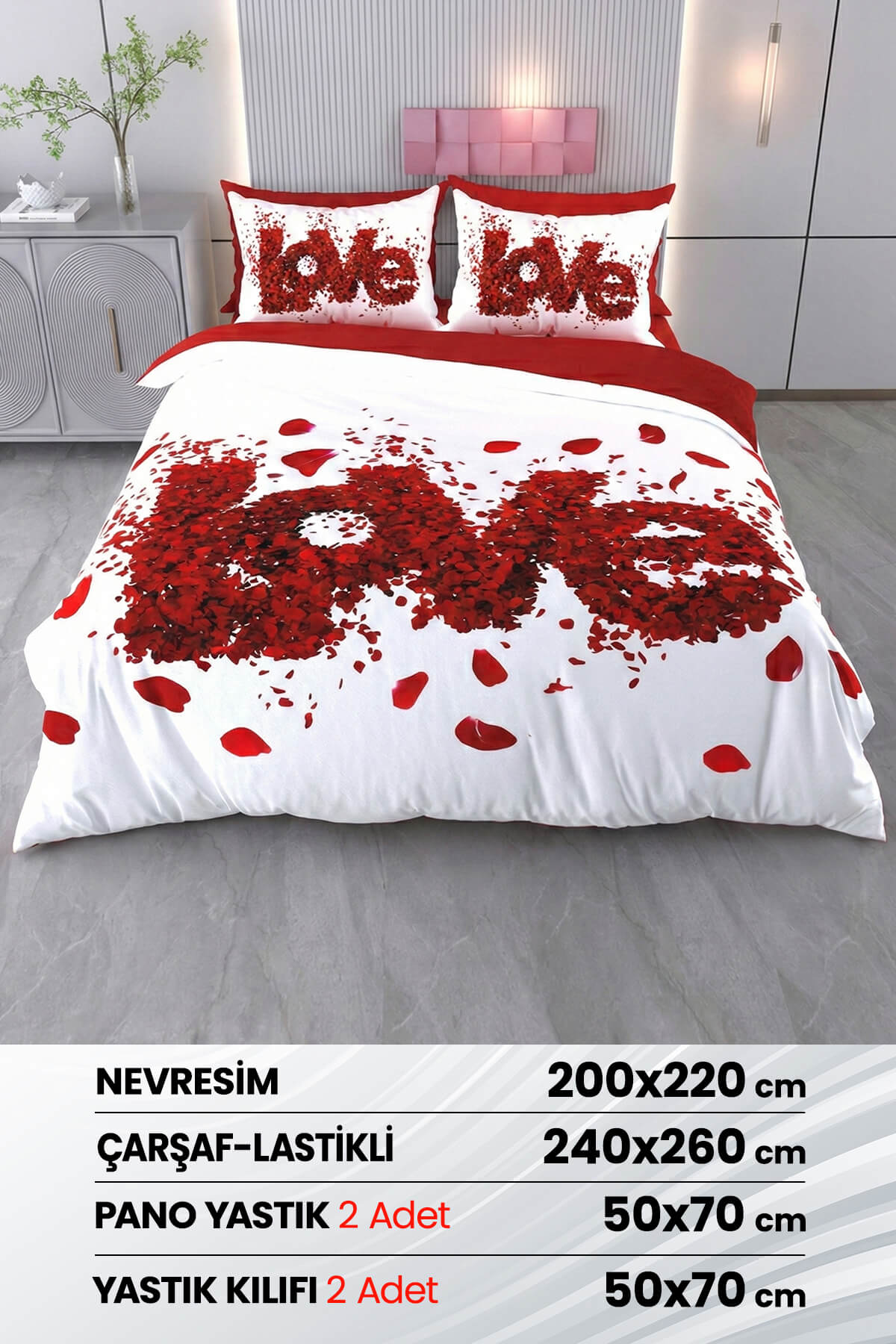3 Boyutlu %100 Saten Pamuk 6 Parça Çift Kişilik Nevresim Takımı