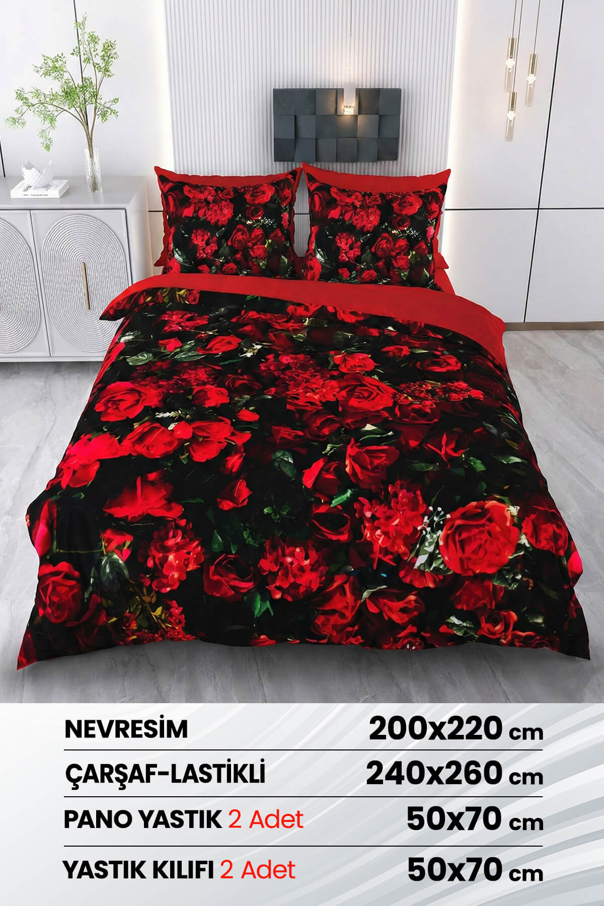 3 Boyutlu %100 Saten Pamuk 6 Parça Çift Kişilik Nevresim Takımı