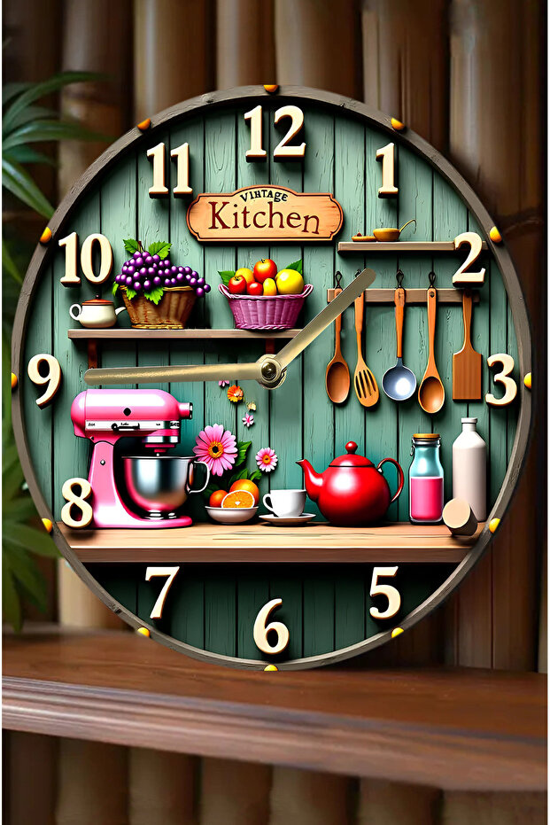 Vintage Kitchen Temalı MDF Duvar Saati – 33 cm | 3D Görünümlü UV Baskılı SDW350