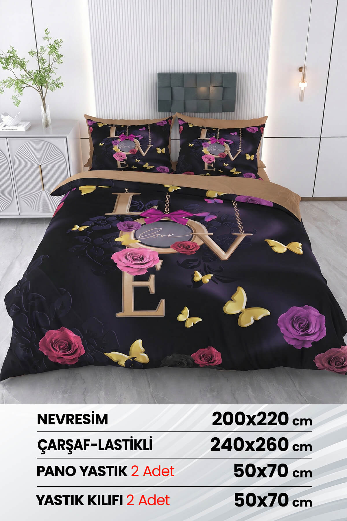 3 Boyutlu %100 Saten Pamuk 6 Parça Çift Kişilik Nevresim Takımı