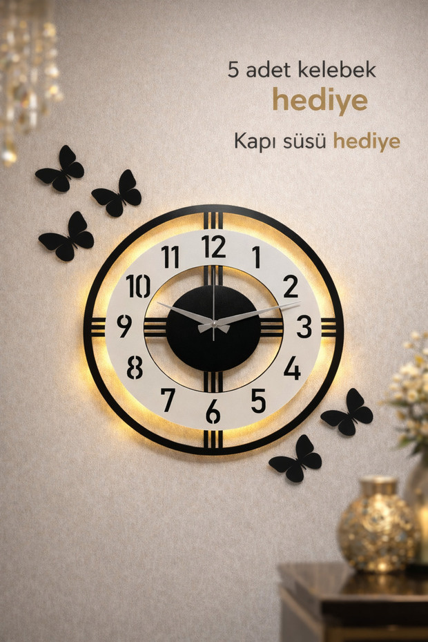 Işıklı Ahşap Duvar Saati 48 cm Dekoratif modern tasarım