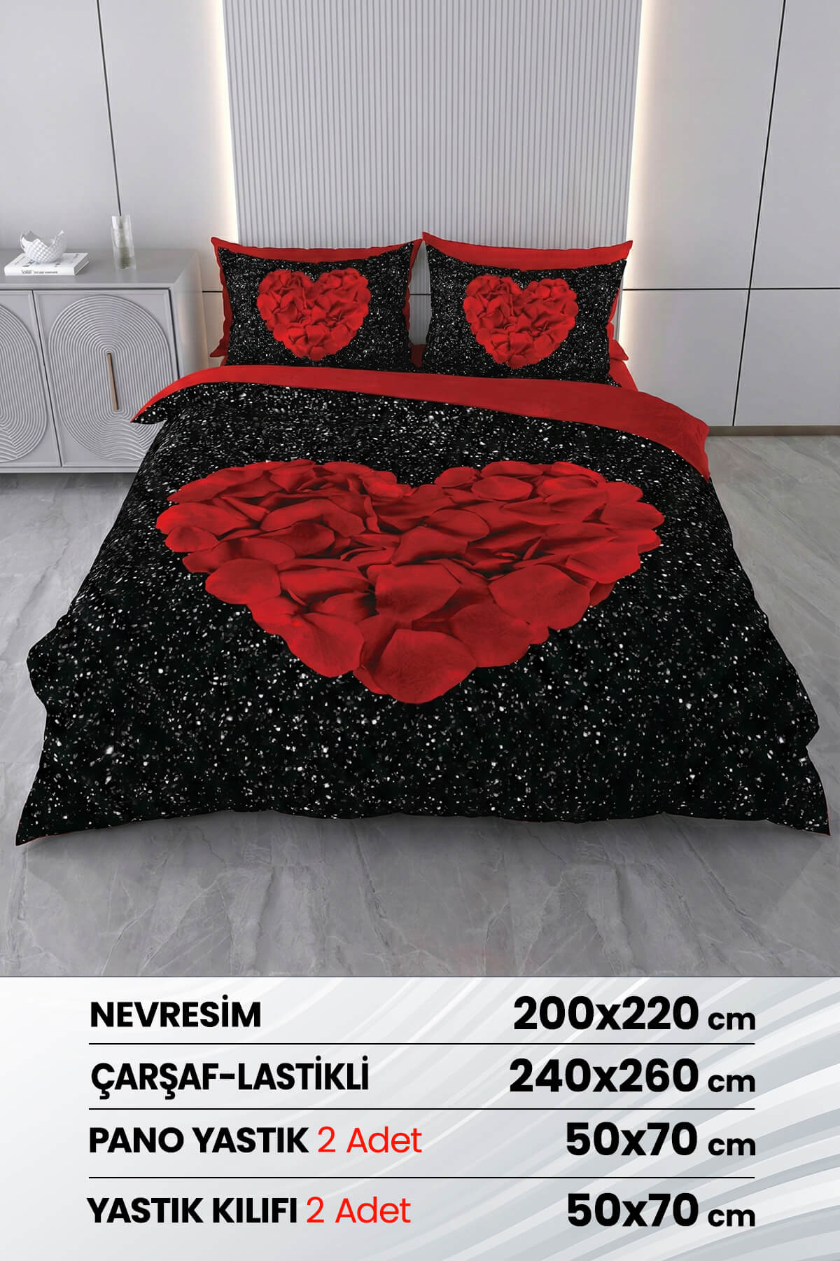 3 Boyutlu %100 Saten Pamuk 6 Parça Çift Kişilik Nevresim Takımı