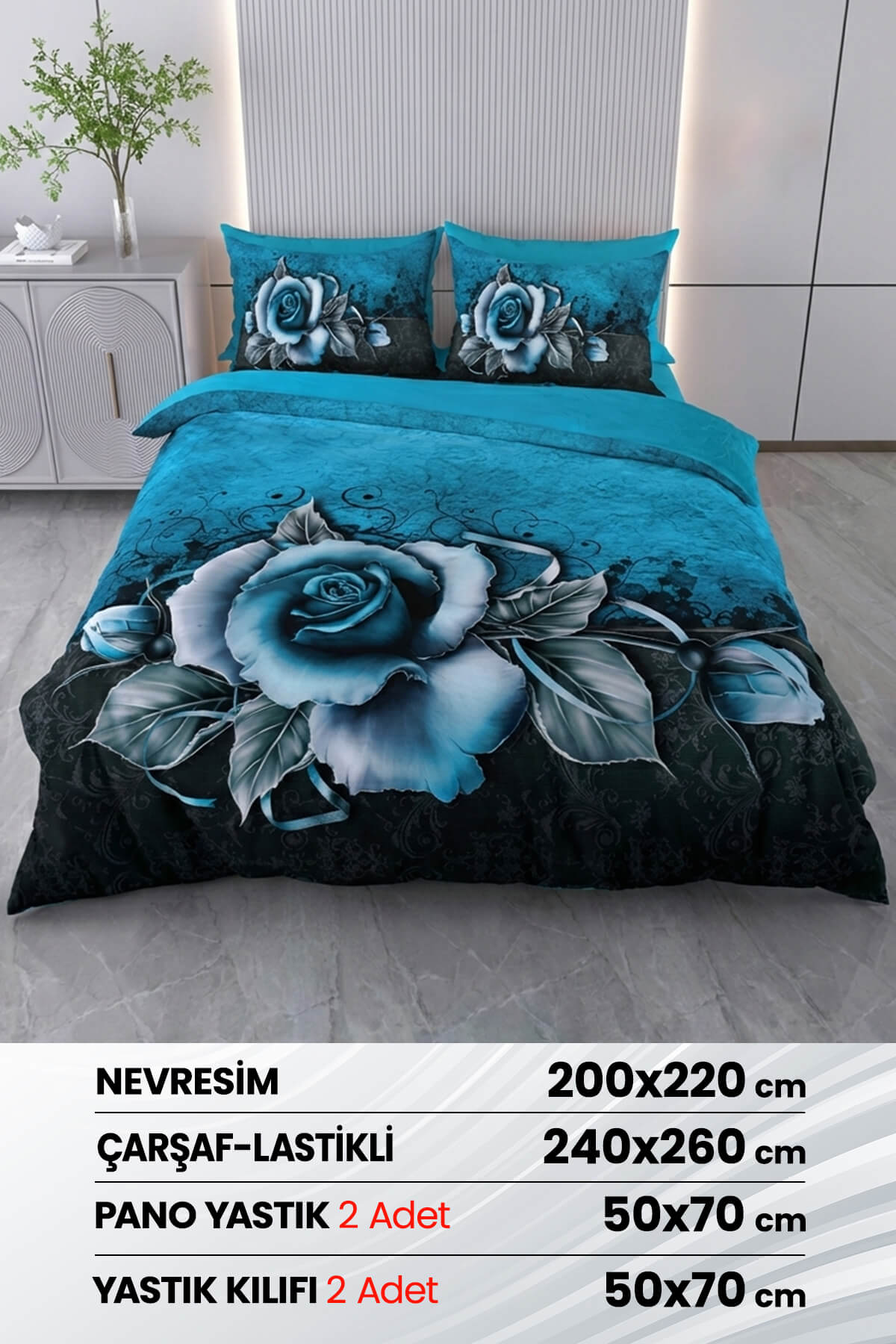3 Boyutlu %100 Saten Pamuk 6 Parça Çift Kişilik Nevresim Takımı