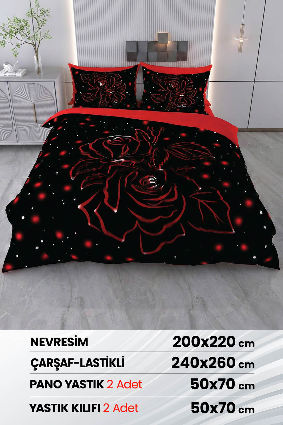 3 Boyutlu %100 Saten Pamuk 6 Parça Çift Kişilik Nevresim Takımı