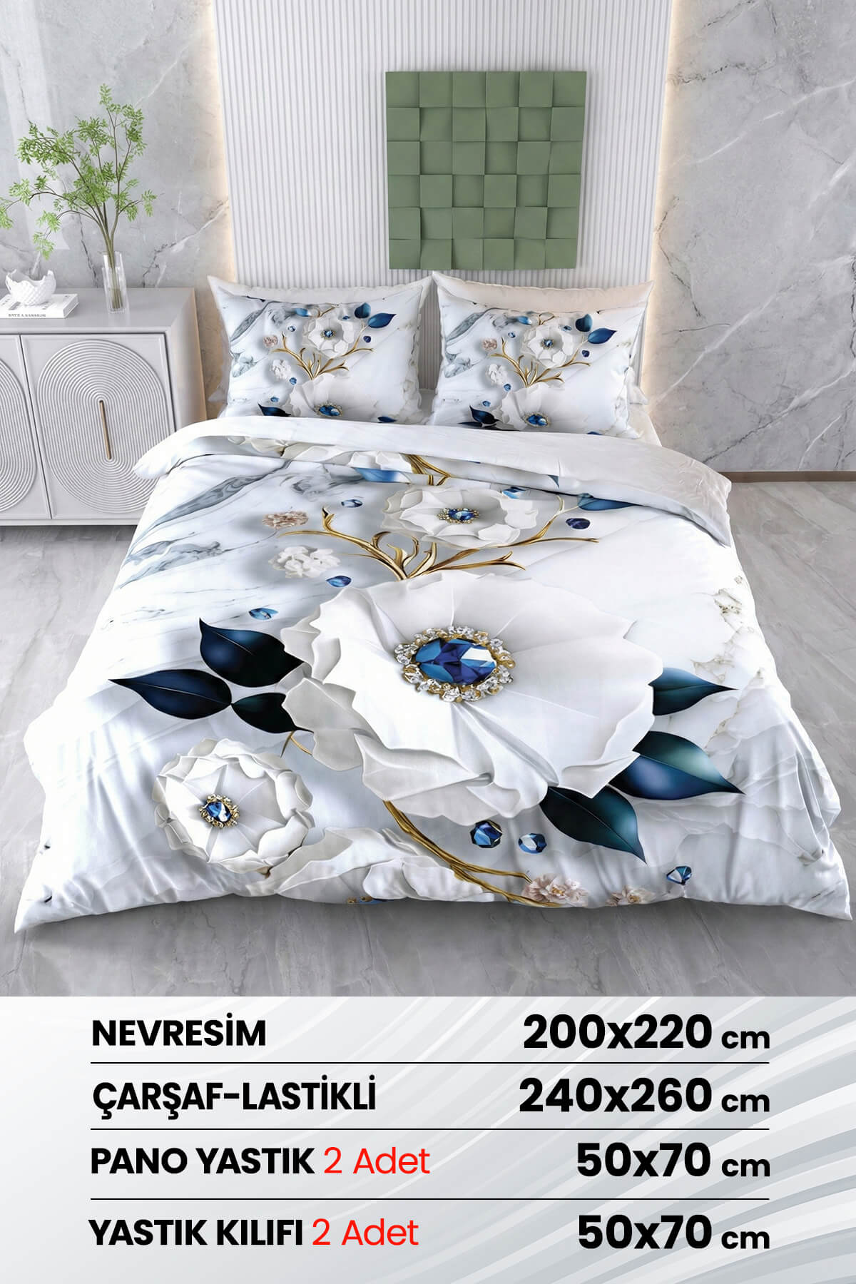 3 Boyutlu %100 Saten Pamuk 6 Parça Çift Kişilik Nevresim Takımı