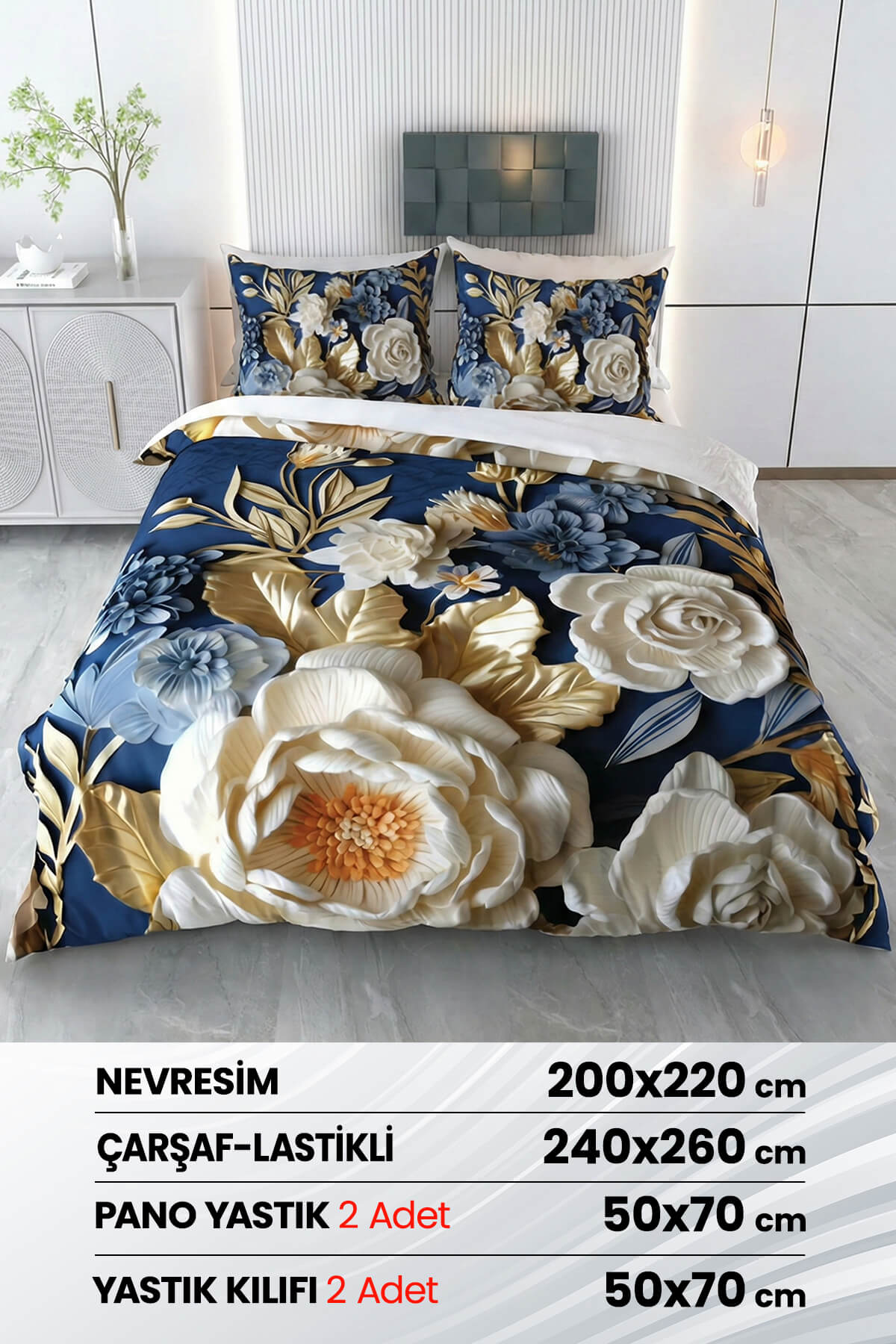 3 Boyutlu %100 Saten Pamuk 6 Parça Çift Kişilik Nevresim Takımı