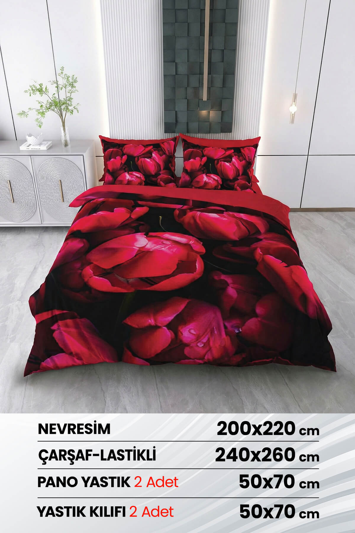 3 Boyutlu %100 Saten Pamuk 6 Parça Çift Kişilik Nevresim Takımı