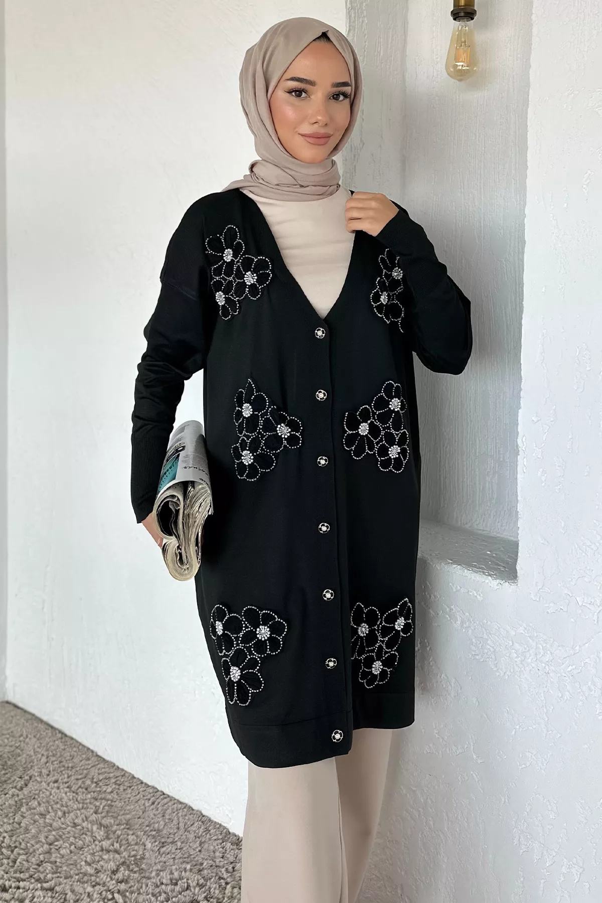 Çiçek Desenli Tesettür Hırka