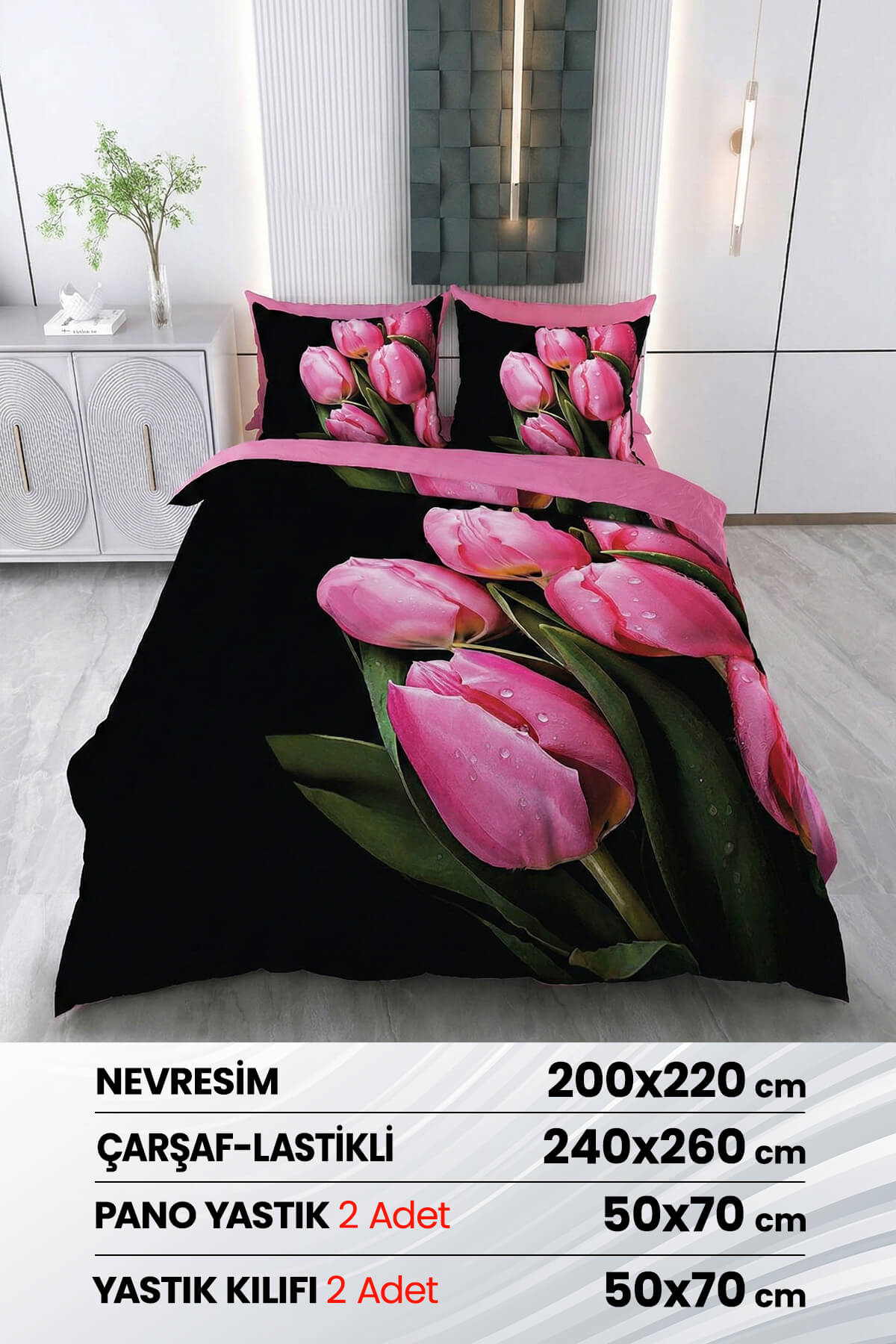 3 Boyutlu %100 Saten Pamuk 6 Parça Çift Kişilik Nevresim Takımı