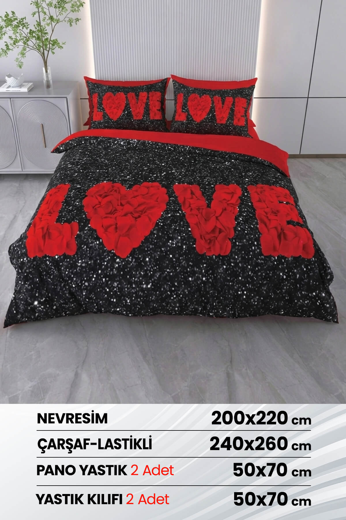 3 Boyutlu %100 Saten Pamuk 6 Parça Çift Kişilik Nevresim Takımı