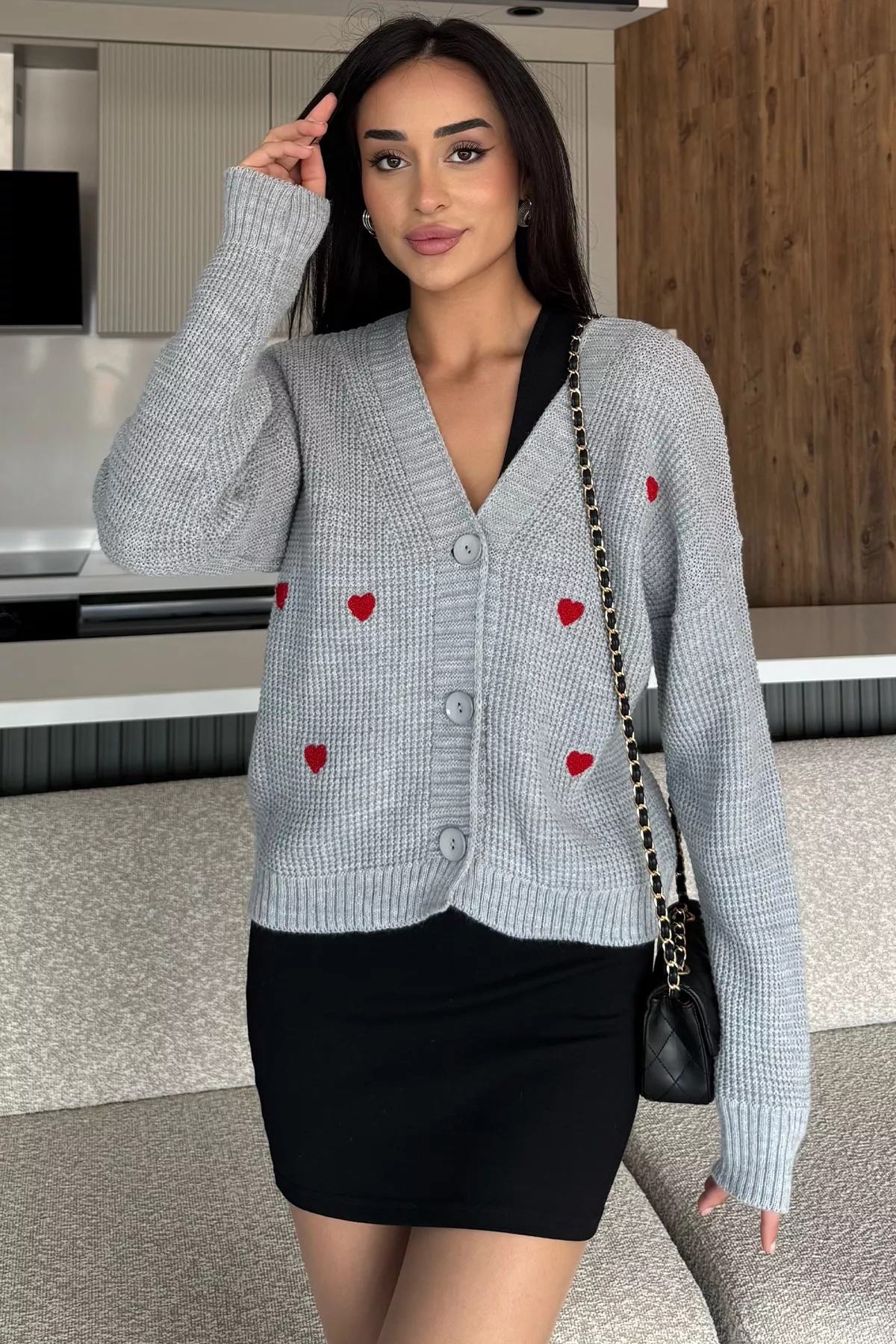 Kalp Desenli Kadın Hırka