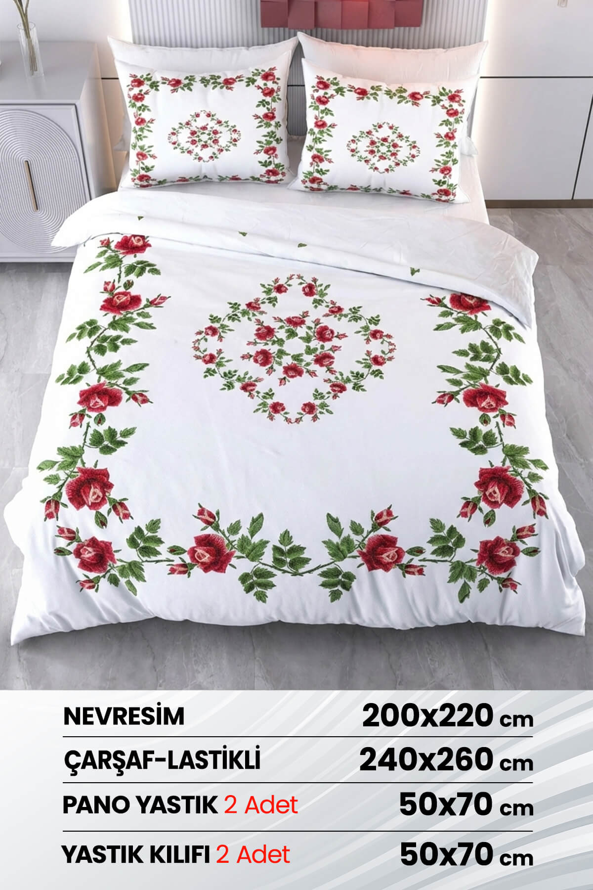 Beyzade %100 Saten Pamuk 6 Parça Çift Kişilik Nevresim Takımı